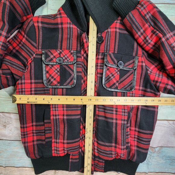 Southpole Red & Black Plaid Cropped Jacket With Ribbed, Women's Large - Picture 10 of 13